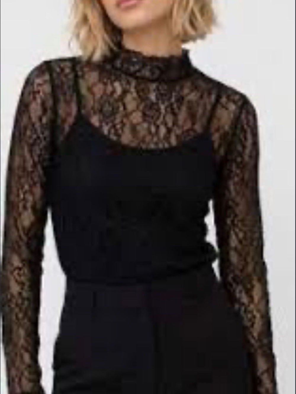 Rachel Zoe Black Floral Lace Mock Neck Sheer Top with Camisole Cami Lining